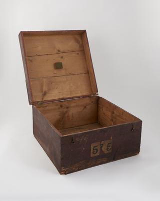 Wooden case for Orrery with brass gearwork and paper scale showing four planets out to the Earth