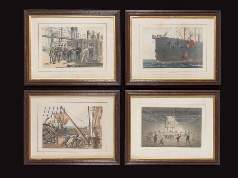 Four coloured prints - scenes on "Great Eastern" during laying