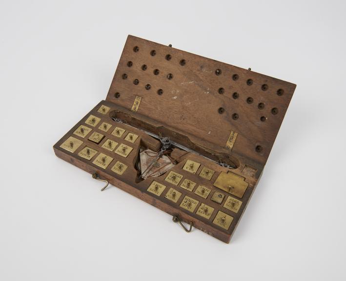 Box of scales and weights, 1763. Length of beam 5 3/16ins