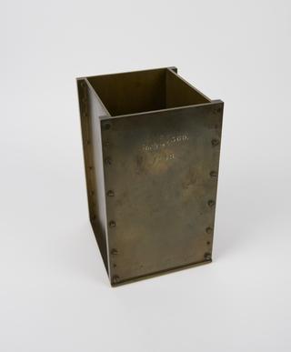One of four rectangular bronze cubic measures for 300 cubic inches with square glass strike