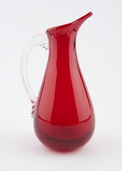 Jug in full lead crystal ruby glass with clear handle, handmade