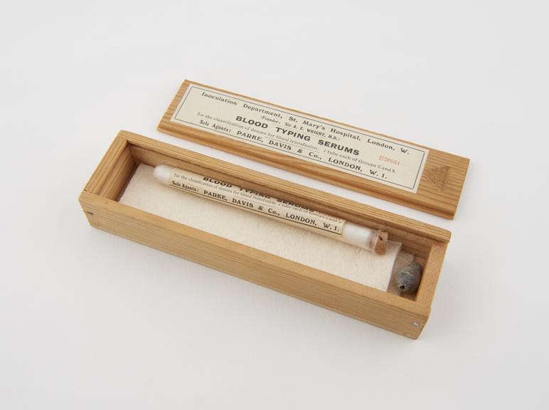 Blood typing serums in wooden box by Parke, Davis & Co