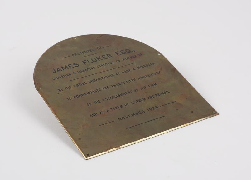 Brass plate inscribedPresented to James Fluker Esq