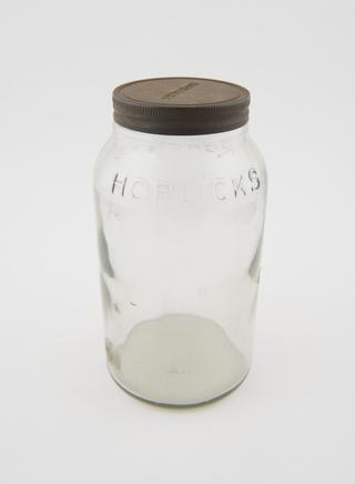 Moulded glass jar with the name 'Horlicks'