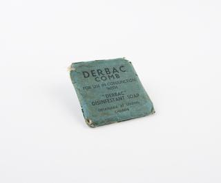 Paper envelope for metal lice comb, 'Derbac' brand, England, 1930-1940