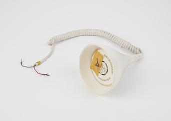 One of four white hear phones from installation of human animated figures, Cleveland Health Museum, Ohio, United States, 1965