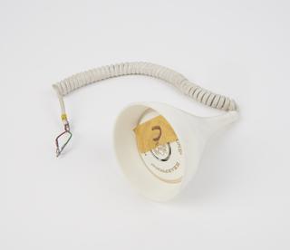 One of four white hear phones from installation of human animated figures, Cleveland Health Museum, Ohio, United States, 1965