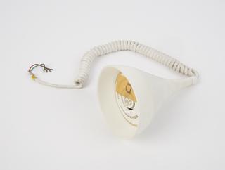 One of four white hear phones from installation of human animated figures, Cleveland Health Museum, Ohio, United States, 1965