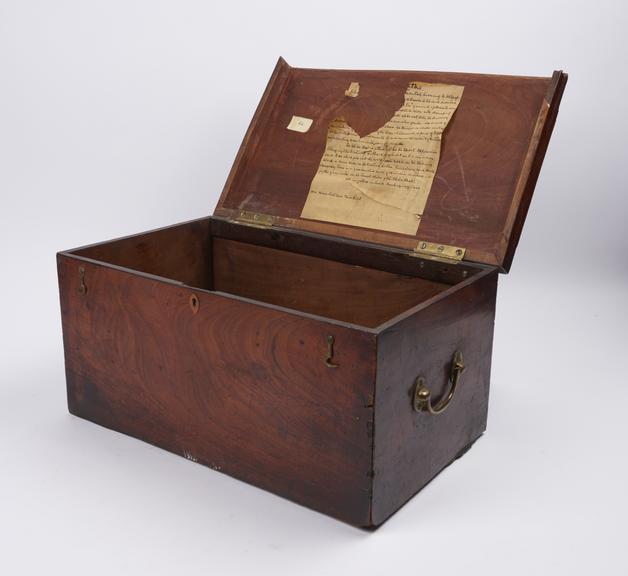 Empty dark wooden box with hand written note in lid