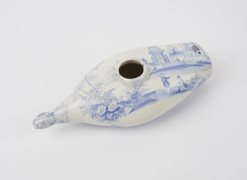 Blue and white transfer printed boat shaped infant's feeding