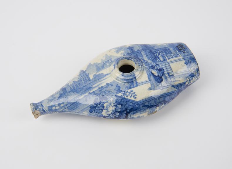 Blue and white transfer printed boat shaped infant's feeding