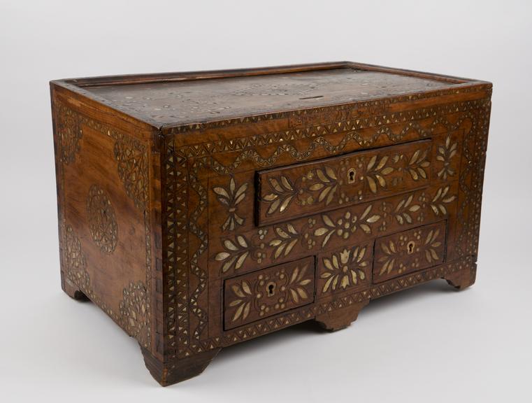 Wooden money chest, inlaid with mother-of-pearl