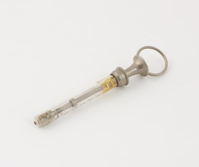 Vaginal(?) syringe, glass and nickel plated brass, graduated