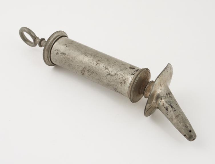 Pewter syringe, with vaginal nozzle, piston-action