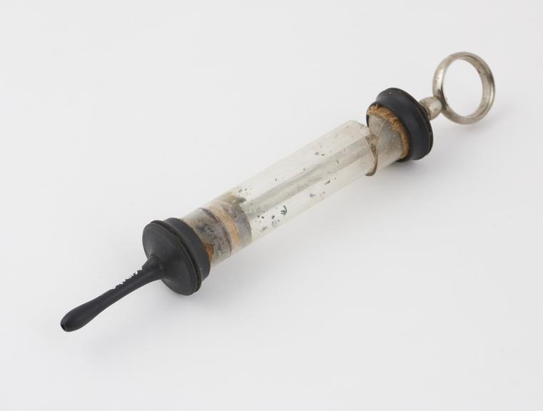 Rectal syringe, glass and vulcanite with nickel plated brass