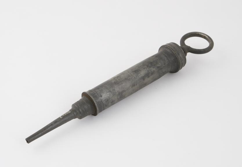 Pewter enema syringe, piston-action, 18th century