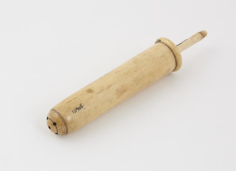 Bone piston-action vaginal syringe, 18th century, Europe