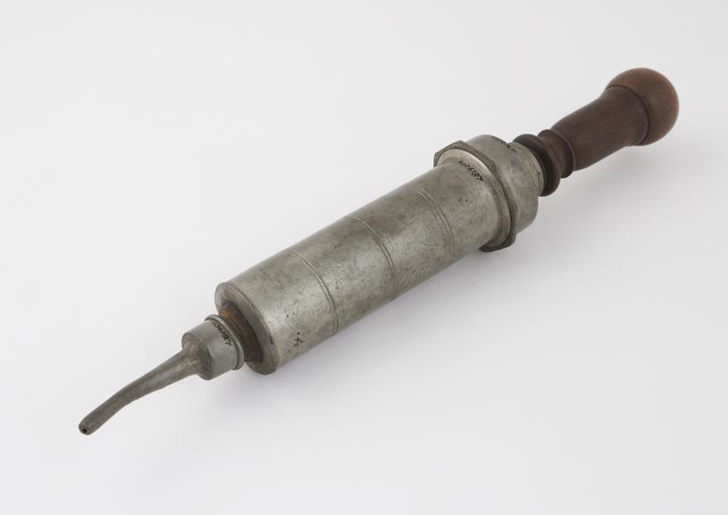 Pewter enema syringe, piston action, 18th or 19th