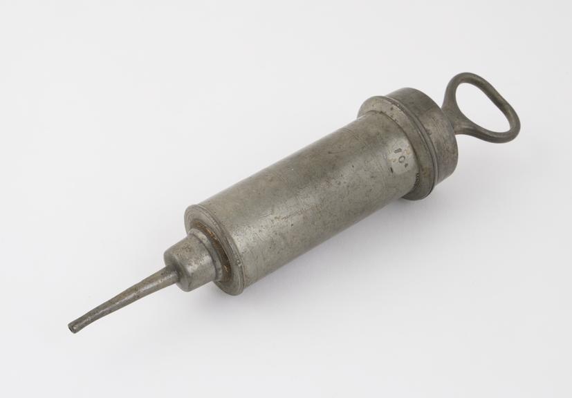 Pewter enema syringe, piston action, French, 18th century