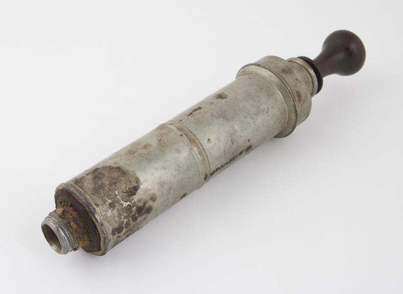 Pewter enema syringe, piston-action, English, 1701-1900