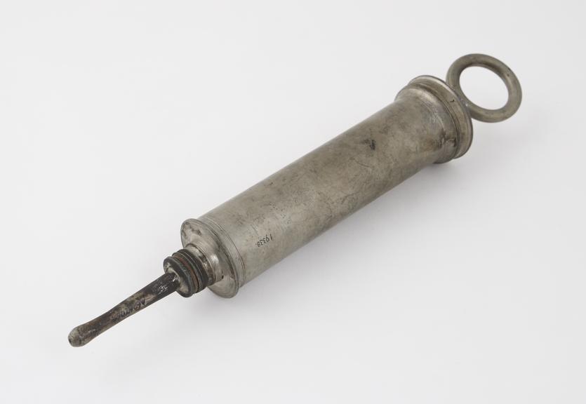 Pewter enema syringe, piston-action, by S