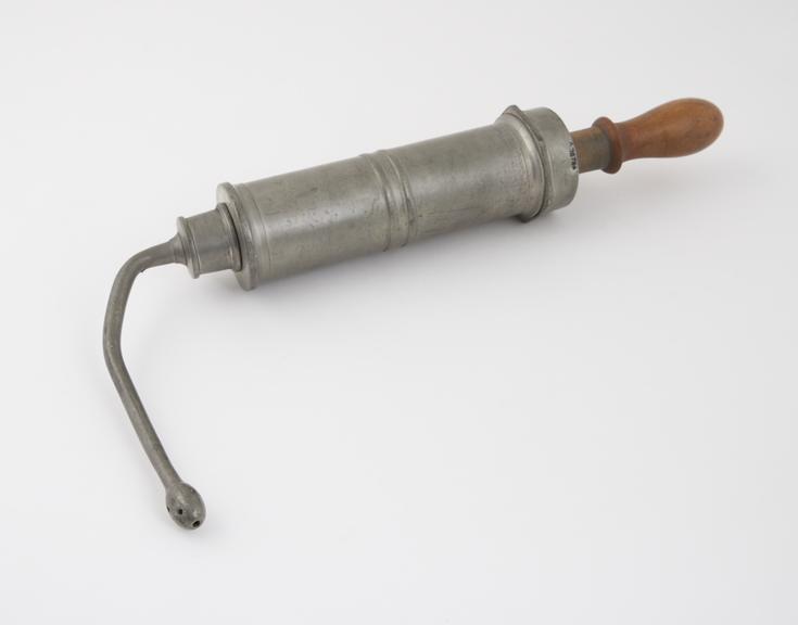 Pewter enema syringe, piston-action, with vagina nozzle, Swiss