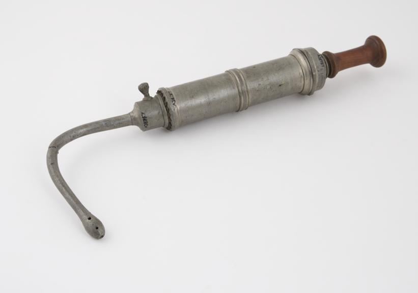 Pewter syringe, with vaginal nozzle, piston-action, Swiss