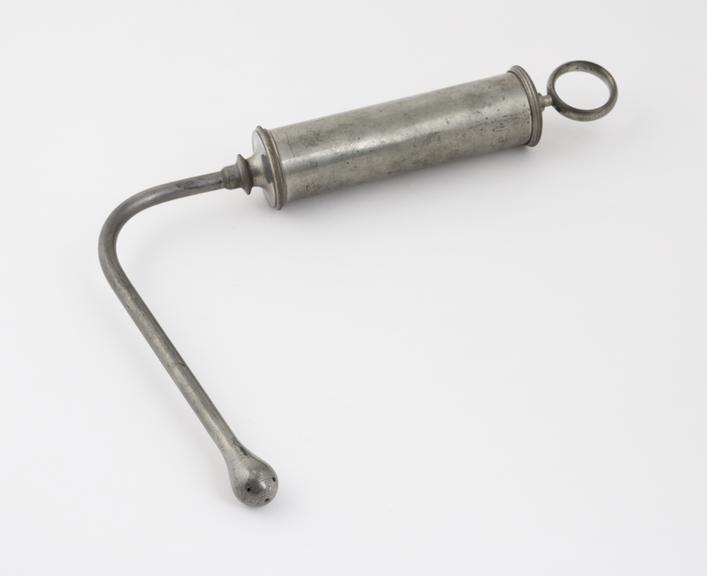 Pewter syringe with vaginal nozzle, Evans and Co