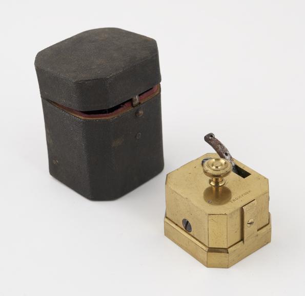 Brass scarificator with 10 lancets, in case, by Thompson