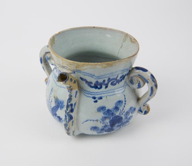 Posset pot, blue tin glazed earthenware, Chinaman motif