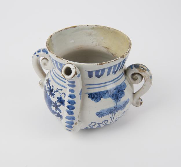 Small posset pot, tin glazed earthenware, blue Chinaman motif