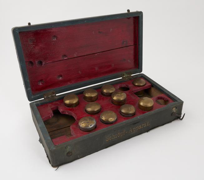 Set of cupping instruments, in wooden case, German, 17th century