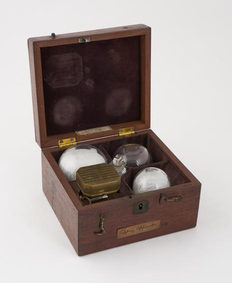 Set of cupping instruments, in wooden case, 19th century