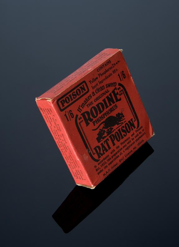 Boxed tin of "Rodine" rat poison, by Thomas Harley Ltd