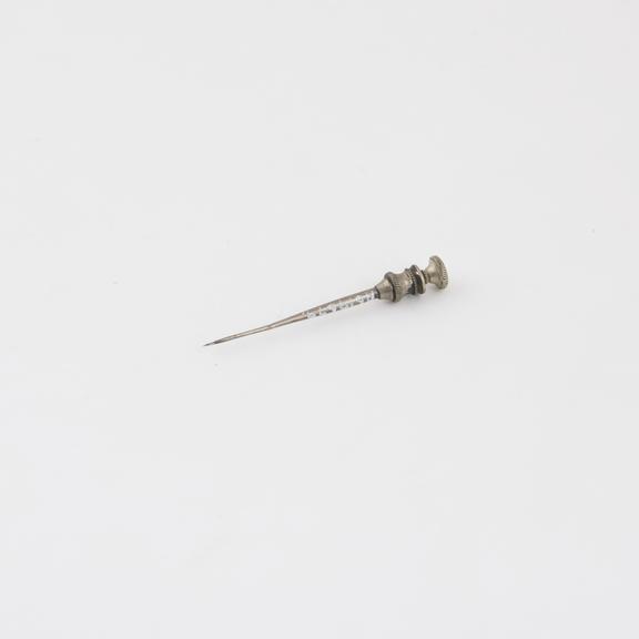 Hypodermic needle, in form of fine cannula and trocar, silver