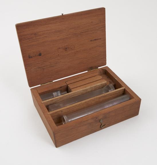 Hypodermic syringe, 10cc, all glass, in wooden case, by R