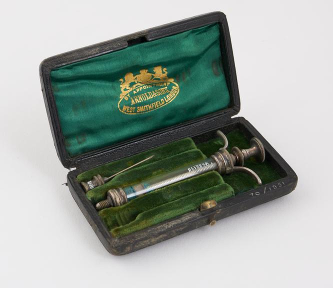 Hypodermic syringe, glass and silver-plated brass