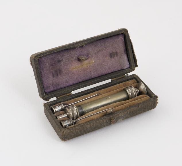 Hypodermic syringe, glass and nickel plated glass, cased