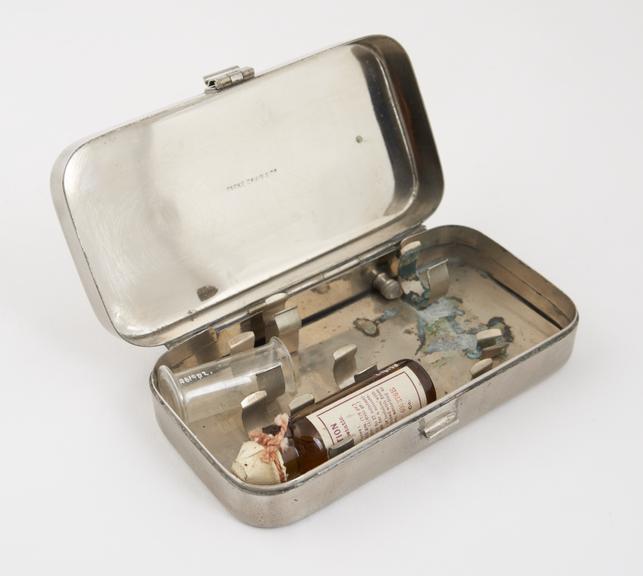 Hypodermic syringe case, nickel plated brass, by Parke