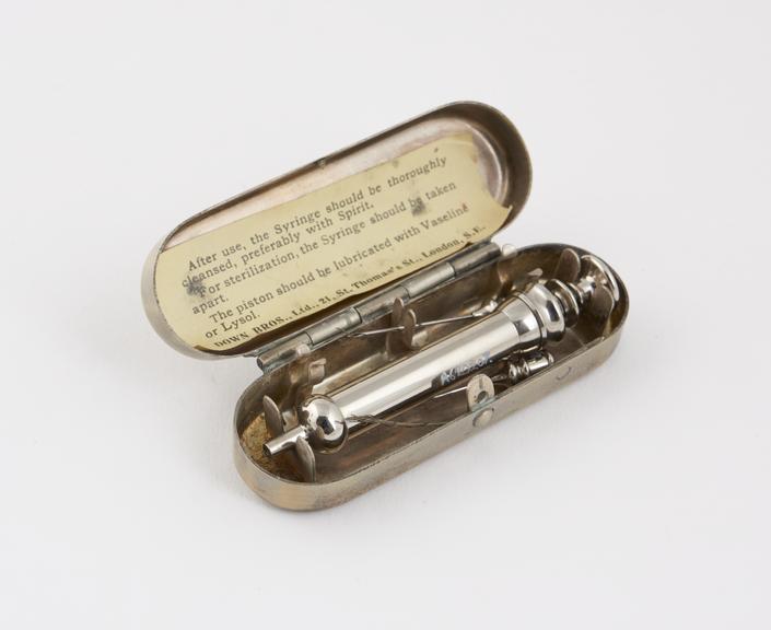 Hypodermic syringe, nickel plated brass, cased, by Down Bros