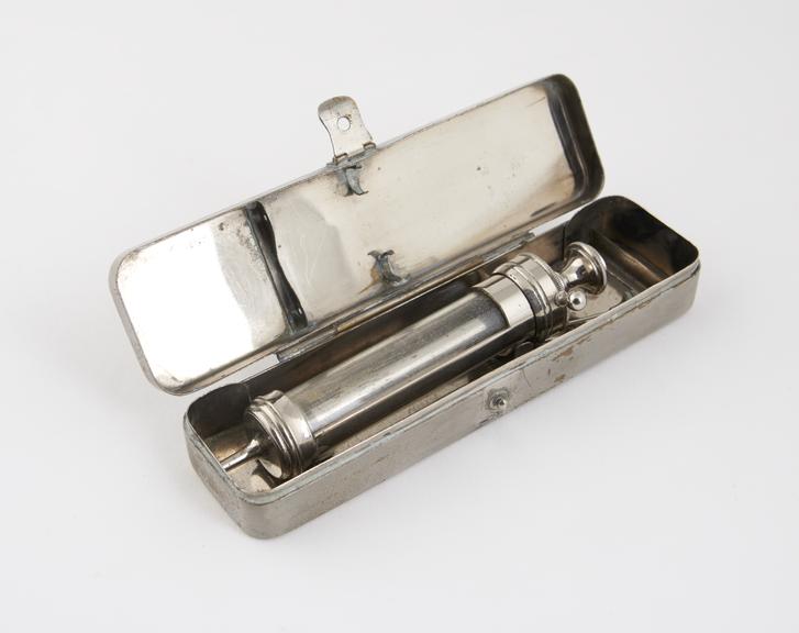 Hypodermic syringe, glass and nickel plated brass, cased