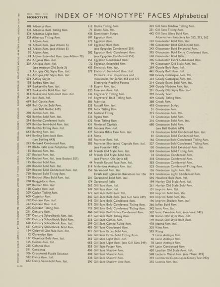 Page, Index of 'Monotype' Faces Alphabetical, covering from M to W and Gaelic from "Specimen Book of 'Monotype' Printing Type" volume one