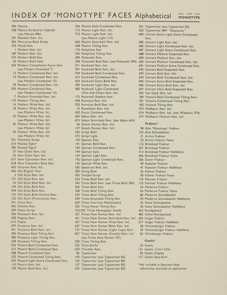 Page, Index of 'Monotype' Faces Alphabetical, covering from M to W and Gaelic from "Specimen Book of 'Monotype' Printing Type" volume one