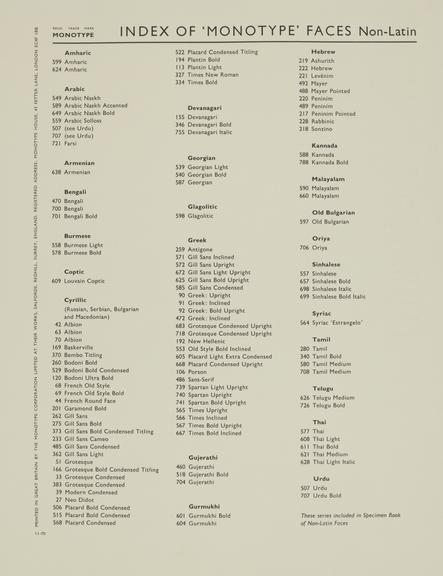 Page, Index of 'Monotype' Faces Non-Latin from "Specimen Book of 'Monotype' Printing Type" volume one