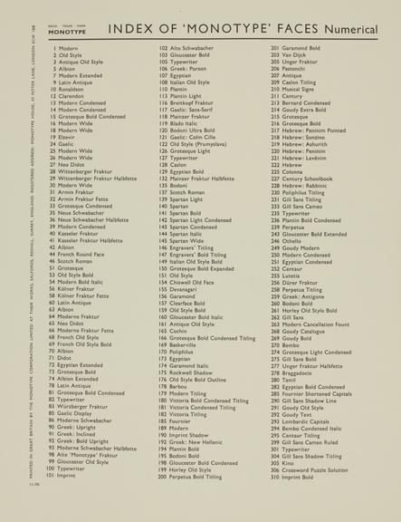 Page, Index of 'Monotype' Faces Numerical covering from 1 to 310 from "Specimen Book of 'Monotype' Printing Type" volume one