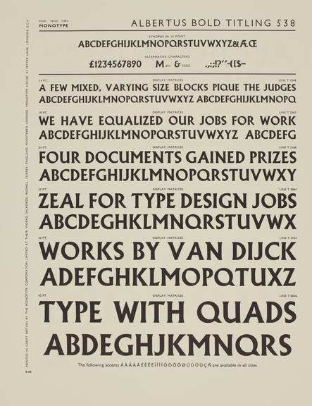 Specimen sheet for Albertus Bold Titling (series number: 538)