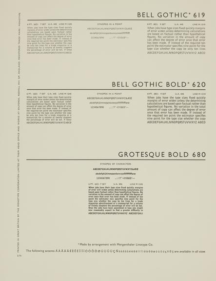 Specimen sheet for Bell Gothic (series number: 619), Bell Gothic Bold (series number: 620) and Grotesque Bold (series number: 680)