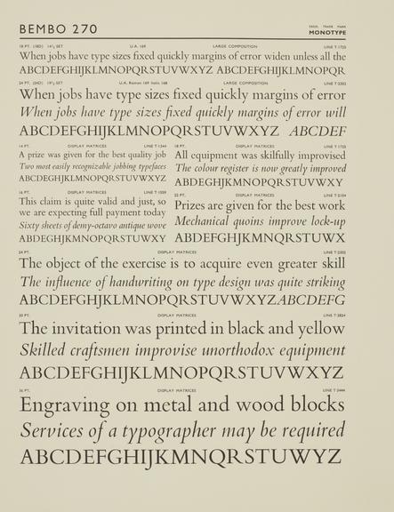 Specimen sheet for Bembo (series number: 270)