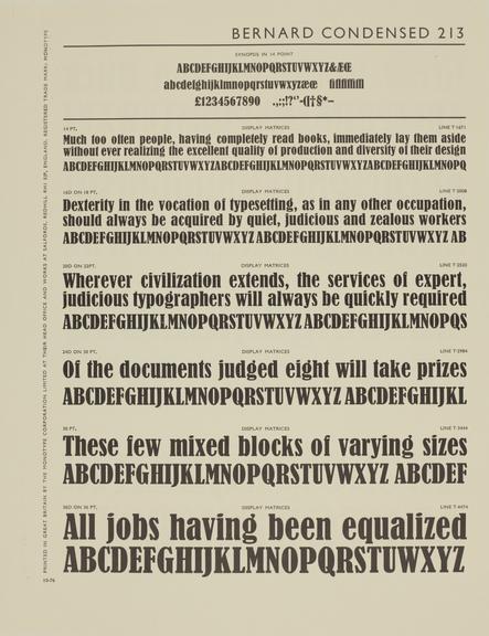 Specimen sheet for Bernard Condensed (series number: 213)