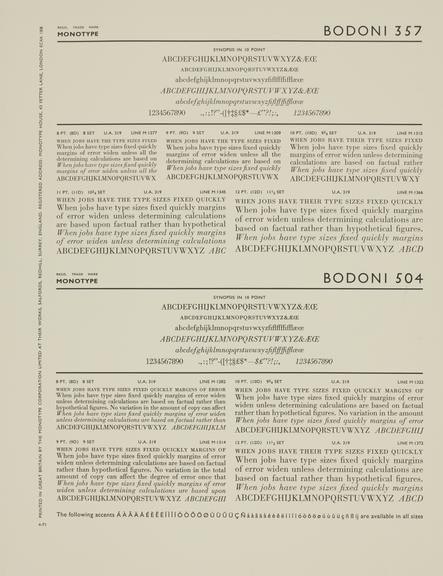 Specimen sheet for Bodoni (No.2) (series number: 357) and Bodoni (No.5) (series number: 504)